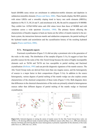 - 138 -
basalt (BABB) sensu stricto are enrichment in subduction-mobile elements and depletion in
subduction-immobile elements (Pearce and Stern, 2006). These basalts display flat REE patterns
with minor LREEs and a smoothly sloping trend in heavy rare earth elements (HREEs),
depletion in Nb, P, Ti, Hf, Zr and Y, and enrichment in K, Rb, Ba and Sr compared to N-MORB.
They exhibit low 143Nd/144Nd ratios and Nd values lower than those of MORB and with
variations across a wide spectrum (Saunders, 1984). The primary factors affecting the
characteristics of basaltic magmas in back-arc basins are the inflow of mantle material in the arc-
basin system, the interactions between mantle and subduction components, the partial melting of
the hydrated mantle and assimilation and the crystallisation history of the resulting hydrated
magma (Pearce and Stern, 2006).
5.7.1. Petrogenetic aspects
Fractional crystallisation (Figure 5.11) did not play a prominent role in the generation of
the rocks in this study. The distribution of the samples (Figures 5.11a, b) suggest at least four
possible sources for the rocks of the Alto Tererê Group because the ratios of highly incompatible
elements such as Th/Nb and Th/Yb are less susceptible to partial melting and fractional
crystallisation (Rollison, 1993) and can provide diagnostic signatures of the mantle sources. The
Alto Tererê Group rocks are derived from more than one magma source, and the heterogeneity
of sources is a major factor in their compositions (Figure 5.11a). In addition to the source
heterogeneity, various degrees of partial melting of the mantle wedge can also explain certain
characteristics of the chemical composition of these rocks (Figure 5.11b). Both diagrams show
that differences in the chemical characteristics of the rocks are primarily related to heterogeneous
sources rather than different degrees of partial melting of the mantle wedge or fractional
crystallisation.
Figure 0.11. Selected diagrams to testing the nature of mantle source for the Alto Tererê Group basic rocks. (a)
Th/Nb vs. Th showing different trends of partial melting of different sources (after Zhou et al., 2008 and references
therein); (b) binary plot showing that the source heterogeneity is primarily responsible for the chemistry of the rocks
(after Fan et al., 2004; He et al., 2010).
 