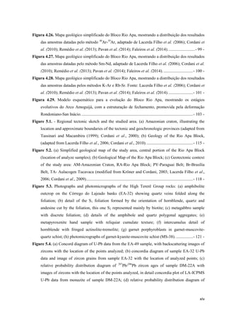 xiv
Figura 4.26. Mapa geológico simplificado do Bloco Rio Apa, mostrando a distribuição dos resultados
das amostras datadas pelo método 40
Ar-39
Ar, adaptado de Lacerda Filho et al. (2006); Cordani et
al. (2010); Remédio et al. (2013); Pavan et al. (2014); Faleiros et al. (2014)..........................- 99 -
Figura 4.27. Mapa geológico simplificado do Bloco Rio Apa, mostrando a distribuição dos resultados
das amostras datadas pelo método Sm-Nd, adaptado de Lacerda Filho et al. (2006); Cordani et al.
(2010); Remédio et al. (2013); Pavan et al. (2014); Faleiros et al. (2014).............................- 100 -
Figura 4.28. Mapa geológico simplificado do Bloco Rio Apa, mostrando a distribuição dos resultados
das amostras datadas pelos métodos K-Ar e Rb-Sr. Fonte: Lacerda Filho et al. (2006); Cordani et
al. (2010); Remédio et al. (2013); Pavan et al. (2014); Faleiros et al. (2014)........................- 101 -
Figura 4.29. Modelo esquemático para a evolução do Bloco Rio Apa, mostrando os estágios
evolutivos do Arco Amoguijá, com a estruturação de fechamento, promovida pela deformação
Rondoniano-San Inácio...........................................................................................................- 103 -
Figure 5.1. - Regional tectonic sketch and the studied area. (a) Amazonian craton, illustrating the
location and approximate boundaries of the tectonic and geochronologic provinces (adapted from
Tassinari and Macambira (1999); Cordani et al., 2000); (b) Geology of the Rio Apa Block,
(adapted from Lacerda Filho et al., 2006; Cordani et al., 2010).............................................- 115 -
Figure 5.2. (a) Simplified geological map of the study area, central portion of the Rio Apa Block
(location of analyze samples); (b) Geological Map of the Rio Apa Block; (c) Geotectonic context
of the study area: AM-Amazonian Craton, RA-Rio Apa Block; PY-Paraguai Belt; Br-Brasília
Belt, TA- Aulacogen Tucavaca (modified from Kröner and Cordani, 2003; Lacerda Filho et al.,
2006; Cordani et al., 2009)......................................................................................................- 118 -
Figure 5.3. Photographs and photomicrographs of the High Tererê Group rocks: (a) amphibolite
outcrop on the Córrego do Lajeado banks (EA-32) showing quartz veins folded along the
foliation; (b) detail of the S1 foliation formed by the orientation of hornblende, quartz and
andesine cut by the foliation, this one S2 represented mainly by biotite; (c) metagabbro sample
with discrete foliation; (d) details of the amphibole and quartz polygonal aggregates; (e)
metapyroxenite hand sample with reliquiar cumulate texture; (f) intercumulus detail of
hornblende with fringed actinolite-tremolite; (g) garnet porphyroblasts in garnet-muscovite-
quartz schist; (h) photomicrographs of garnet-kyanite-muscovite schist (MS-38). ................- 121 -
Figure 5.4. (a) Concord diagram of U-Pb data from the EA-49 sample, with backscattering images of
zircons with the location of the points analyzed; (b) concordia diagram of sample EA-32 U-Pb
data and image of zircon grains from sample EA-32 with the location of analyzed points; (c)
relative probability distribution diagram of 207
Pb/206
Pb zircon ages of sample DM-22A with
images of zircons with the location of the points analyzed, in detail concordia plot of LA-ICPMS
U-Pb data from monazite of sample DM-22A; (d) relative probability distribution diagram of
 
