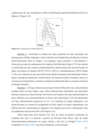 - 37 -
vergência para W, que corresponde ao reflexo da deformação regional identificada como D2 no
Domínio 3 (Figura 2.13).
Figura 0.14. Transposição de bandas gnáissicas.
Domínio 2 - Encontrado no âmbito das rochas graníticas da Suíte Alumiador com
destaque para o batólito Alumiador, rochas vulcânicas da Formação Serra da Bocaina e Intrusão
Gabro-Anortosítica Serra da Alegria e em pequenos corpos graníticos e sub-vulcânicos e
intrusivos nas rochas do embasamento do Complexo Porto Murtinho (Figura 2.13). Este domínio
é caracterizado por uma tectônica predominantemente rúptil marcada pelo desenvolvimento de
falhas e/ou fraturas de direções N25°W, N15°E e N65°E e, subordinadamente, N80°E (Figura
2.17b), com evidências de que estas rochas foram afetadas fracamente pela deformação de baixo
ângulo, marcada por falhamentos sub-horizontais. Nas bordas do batólito Alumiador, observa-se
a presença de protomilonitos e milonitos resultantes de deformação dúctil, com desenvolvimento
de foliação milonítica.
Domínio 3 - Abrange extensa área na porção oriental do Bloco Rio Apa, onde predomina
tectônica dúctil de baixo ângulo, cujos efeitos deformacionais imprimiram uma deformação
milonítica intensa nas rochas do Grupo Alto Tererê e do Complexo Rio Apa, metamorfisadas em
fácies anfibolito, com retrometamorfismo em fácies xisto verde (Figura 2.13). São identificadas
três fases deformacionais progressivas D1 .D2 e D3 resultantes de regime compressivo com
desenvolvimento de sistema de cavalgamento de baixo ângulo de direção submeridiana, com
inflexão para NE, caracterizado por empurrões com transporte para oeste e subordinadas zonas
de cisalhamento transcorrentes NW e EW (Figura 2.15).
Ainda fazem parte deste domínio uma série de corpos de granitos estaterianos do
Complexo Rio Apa e os gnaisses e granitos da Província Passo Bravo, além de rochas
metassedimentares pertencentes aos grupos Amolar e San Luiz, no Paraguai Wiens (1984)
Campanário de Cabrera (2015), que foram afetadas por esta deformação.
 