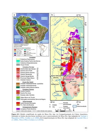 - 46 -
Figura 0.3. Modelo simplificado da região do Bloco Rio Apa. (a) Compartimentação do Cráton Amazônico,
ilustrando os limites das províncias tectônicas com o posicionamento do Bloco Rio Apa (adaptado de Tassinari e
Macambira (1999);. Cordani et al. (2000); (b) Compartimentação do Bloco Rio Apa (adaptado de Lacerda Filho et
al. (2006);. Wins (1986) e Cordani et al. (2010)).
 
