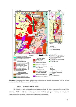 - 80 -
Figura 0.18. Esboço geológico da área de estudo com a localização das amostras analisadas para U-Pb em zircão e
em zircão detrítico, U-Pb em monazita e Ar-Ar em mica.
4.4.2.1. Análises U–Pb em zircão
Na Tabela 4.5 são exibidas informações compiladas de dados geocronológicos de U-Pb
em zircão obtidos por diversos autores para várias unidades geológicas presentes na área, assim
como assinaturas químicas e ambientes tectônicos dessas rochas.
 