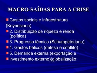 MACRO-SAÍDAS PARA A CRISE
Gastos sociais e infraestrutura
(Keynesiana)
2. Distribuição de riqueza e renda
(política)
3. Progresso técnico (Schumpeteriana)
4. Gastos bélicos (defesa e conflito)
5. Demanda externa (exportação e
investimento externo)(globalização

 