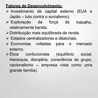 Fatores de Desenvolvimento:
 Investimento de capital externo
Japão – luta contra o socialismo).
 Exploração da força de
(EUA e
trabalho,
relativamente barata.
Distribuição mais equilibrada de renda.
 Estados centralizadores e ditatoriais.
 Economias voltadas para o mercado
externo.
Ética confucionista (equilíbrio social,
hierarquia, disciplina, consciência de grupo,
nacionalismo – empresa vista como uma
grande família).
 