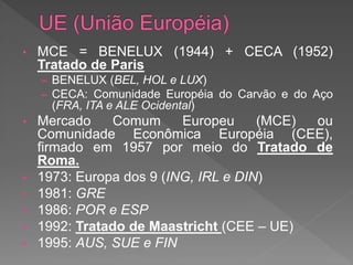 • MCE = BENELUX (1944) + CECA (1952)
Tratado de Paris
– BENELUX (BEL, HOL e LUX)
– CECA: Comunidade Européia do Carvão e do Aço
(FRA, ITA e ALE Ocidental)
• Mercado Comum Europeu (MCE) ou
Comunidade Econômica Européia (CEE),
firmado em 1957 por meio do Tratado de
Roma.
• 1973: Europa dos 9 (ING, IRL e DIN)
• 1981: GRE
• 1986: POR e ESP
• 1992: Tratado de Maastricht (CEE – UE)
• 1995: AUS, SUE e FIN
 