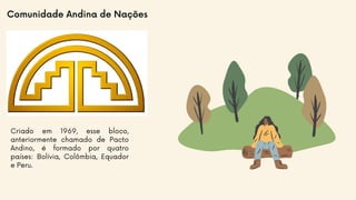 Comunidade Andina de Nações
Criado em 1969, esse bloco,
anteriormente chamado de Pacto
Andino, é formado por quatro
países: Bolívia, Colômbia, Equador
e Peru.
 