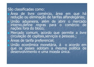 São classificadas como:
                  como:
  Área de livre comércio, área em que há
  redução ou eliminação de tarifas alfandegárias;
                                     alfandegárias;
  União aduaneira, além de abrir o mercado
  interno,define regras para o comércio de
  nações fora do bloco;
                  bloco;
  Mercado comum, acordo que permite a livre
  circulação de capitais,serviços e pessoas.;
                                    pessoas.;
  Áreas de tarifa preferencial;
                  preferencial;
  União econômica monetária, á o acordo em
  que os países adotam a mesma política de
  desenvolvimento e uma moeda única.
                                   única.
 