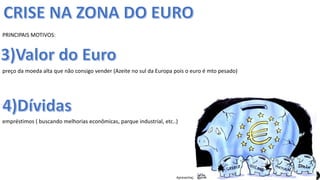 Apresentação elaborada pela Professora FERNANDA BRUM LOPES, disciplina de Geografia
PRINCIPAIS MOTIVOS:
preço da moeda alta que não consigo vender (Azeite no sul da Europa pois o euro é mto pesado)
empréstimos ( buscando melhorias econômicas, parque industrial, etc..)
 