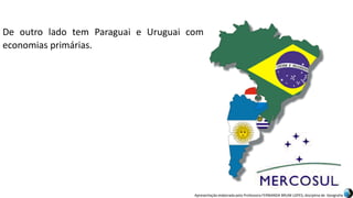 Apresentação elaborada pela Professora FERNANDA BRUM LOPES, disciplina de Geografia
De outro lado tem Paraguai e Uruguai com
economias primárias.
 