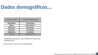 Apresentação elaborada pela Professora FERNANDA BRUM LOPES, disciplina de Geografia
O MERCOSUL responde por 72% (12.789.558 km²) do território
da América do Sul.
Possui cerca de 3 vezes a área da União Europeia
 