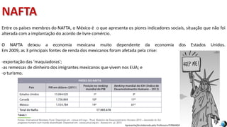 Apresentação elaborada pela Professora FERNANDA BRUM LOPES, disciplina de Geografia
Entre os países membros do NAFTA, o México é o que apresenta os piores indicadores sociais, situação que não foi
alterada com a implantação do acordo de livre comércio.
O NAFTA deixou a economia mexicana muito dependente da economia dos Estados Unidos.
Em 2009, as 3 principais fontes de renda dos mexicanos foram afetada pela crise:
-exportação das 'maquiadoras';
-as remessas de dinheiro dos imigrantes mexicanos que vivem nos EUA; e
-o turismo.
 