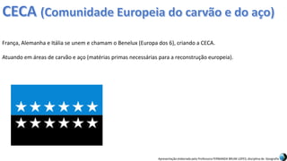 Apresentação elaborada pela Professora FERNANDA BRUM LOPES, disciplina de Geografia
França, Alemanha e Itália se unem e chamam o Benelux (Europa dos 6), criando a CECA.
Atuando em áreas de carvão e aço (matérias primas necessárias para a reconstrução europeia).
 