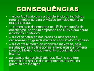 CONSEQUÊNCIAS –  maior facilidade para a transferência de indústrias norte-americanas para o México (principalmente as maquiladoras). –  aumento do desemprego nos EUA em função da desativação de várias empresas nos EUA e que serão instaladas no México.  –  maior penetração dos produtos americanos e canadenses no grande mercado consumidor mexicano. –  maior crescimento da economia mexicana, pela instalação das multinacionais americanas na fronteira norte do México, o que aumenta a desigualdade interna. ao avanço da agroindústria dos EUA, o que tem provocado a reação dos camponeses através da guerrilha em Chiapas. 