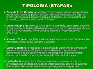 TIPOLOGIA (ETAPAS): Zona de Livre Comércio:  região em que as mercadorias provenientes dos países membros podem circular livremente. Nessa zona livre, as tarifas alfandegárias são eliminadas e há flexibilidade nos padrões de produção, controle sanitário e de fronteiras. União Aduaneira:   além da zona de livre comércio, essa etapa envolve a negociação de tarifas alfandegárias comuns para o comércio realizado com os outros países. O Mercosul se encontra nesse estágio do processo. Mercado Comum:  engloba as duas fases anteriores e acrescenta a livre circulação de pessoas, serviços e capitais. União Monetária:  pressupõe a existência de um mercado comum em pleno funcionamento. Consiste na coordenação das políticas econômicas dos países membros e na criação de um único banco central para emitir a moeda que será utilizada por todos eles. União Política:  engloba todas as anteriores e envolve também a unificação das políticas de relações internacionais, defesa, segurança interna (terrorismo, narcotráfico) e segurança externa (guerras). 