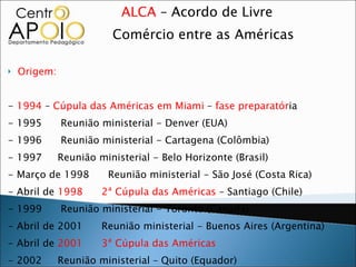 ALCA  – Acordo de Livre  Comércio entre as Américas Origem:  -  1994  –  Cúpula das Américas em Miami  –  fase preparatór ia - 1995  Reunião ministerial - Denver (EUA) - 1996  Reunião ministerial - Cartagena (Colômbia) - 1997  Reunião ministerial - Belo Horizonte (Brasil) - Março de 1998  Reunião ministerial - São José (Costa Rica) - Abril de  1998  2ª Cúpula das Américas  – Santiago (Chile) - 1999  Reunião ministerial - Toronto (Canadá) - Abril de 2001  Reunião ministerial - Buenos Aires (Argentina) - Abril de  2001  3ª Cúpula das Américas - 2002  Reunião ministerial – Quito (Equador) - 2003  Reunião ministerial – Miami (EUA) Eliminação progressiva das barreiras ao comércio e investimento 