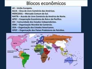 Blocos econômicos
UE – União Europeia.
ALCA – Área de Livre Comércio das Américas.
MERCOSUL – Mercado Comum do Sul.
NAFTA – Acordo de Livre Comércio da América do Norte.
APEC – Cooperação Econômica da Ásia e do Pacífico.
CEI – Comunidade dos Estados Independentes.
OMC – Organização Mundial do Comércio.
OEA – Organização dos Estados Americanos.
OPEP – Organização dos Países Produtores de Petróleo.
 