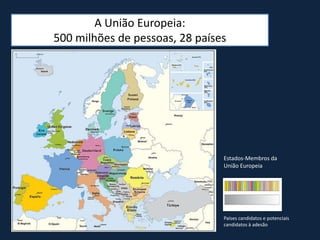 A União Europeia:
500 milhões de pessoas, 28 países
Estados-Membros da
União Europeia
Países candidatos e potenciais
candidatos à adesão
 