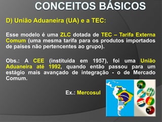 D) União Aduaneira (UA) e a TEC:
Esse modelo é uma ZLC dotada de TEC – Tarifa Externa
Comum (uma mesma tarifa para os produtos importados
de países não pertencentes ao grupo).
Obs.: A CEE (instituída em 1957), foi uma União
Aduaneira até 1992, quando então passou para um
estágio mais avançado de integração - o de Mercado
Comum.
Ex.: Mercosul
 
