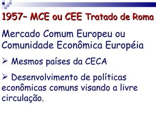 1957– MCE ou CEE Tratado de Roma
Mercado Comum Europeu ou
Comunidade Econômica Européia
 Mesmos países da CECA
 Desenvolvimento de políticas
econômicas comuns visando a livre
circulação.
 