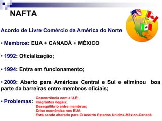 Acordo de Livre Comércio da América do Norte
• Membros: EUA + CANADÁ + MÉXICO
• 1992: Oficialização;
• 1994: Entra em funcionamento;
• 2009: Aberto para Américas Central e Sul e eliminou boa
parte da barreiras entre membros oficiais;
• Problemas:
NAFTA
Concorrência com a U.E;
Imigrantes ilegais;
Desequilíbrio entre membros;
Crise econômica nos EUA
Está sendo alterado para O Acordo Estados Unidos-México-Canadá
 