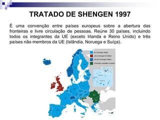 TRATADO DE SHENGEN 1997
É uma convenção entre países europeus sobre a abertura das
fronteiras e livre circulação de pessoas. Reúne 30 países, incluindo
todos os integrantes da UE (exceto Irlanda e Reino Unido) e três
países não membros da UE (Islândia, Noruega e Suíça).
 