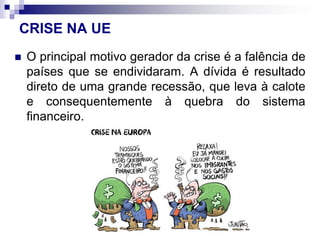 CRISE NA UE
 O principal motivo gerador da crise é a falência de
países que se endividaram. A dívida é resultado
direto de uma grande recessão, que leva à calote
e consequentemente à quebra do sistema
financeiro.
 