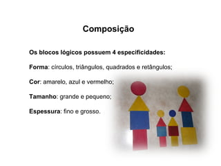 Composição
Os blocos lógicos possuem 4 especificidades:
Forma: círculos, triângulos, quadrados e retângulos;
Cor: amarelo, azul e vermelho;
Tamanho: grande e pequeno;
Espessura: fino e grosso.
 