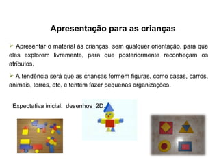 Apresentação para as crianças
 Apresentar o material às crianças, sem qualquer orientação, para que
elas explorem livremente, para que posteriormente reconheçam os
atributos.
 A tendência será que as crianças formem figuras, como casas, carros,
animais, torres, etc, e tentem fazer pequenas organizações.
Expectativa inicial: desenhos 2D.
 