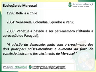 Evolução do Mercosul

  1996: Bolívia e Chile

  2004: Venezuela, Colômbia, Equador e Peru;

  2006: Venezuela passou a ser país-membro (faltando a
aprovação do Paraguai);

  “A adesão da Venezuela, junto com o crescimento dos
dois principais países-membros e aumento do fluxo de
comércio indicam o fortalecimento do Mercosul.”
 