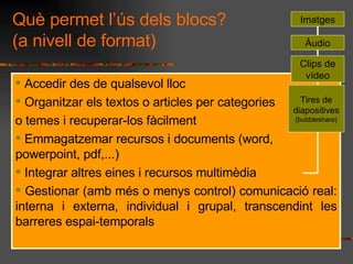 Qu permet ls dels blocs? (a nivell de format) Accedir des de qualsevol lloc Organitzar els textos o articles per categories o temes i recuperar-los fcilment Emmagatzemar recursos i documents (word, powerpoint, pdf,...) Integrar altres eines i recursos multimdia Gestionar (amb ms o menys control) comunicaci real: interna i externa, individual i grupal, transcendint les barreres espai-temporals Imatges ?udio Clips de vdeo Tires de diapositives  (bubbleshare) 
