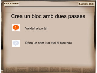 Crea un bloc amb dues passes Valida’t al portal Dóna un nom i un títol al bloc nou 