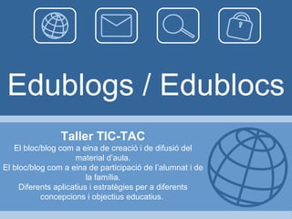 Edublogs / Edublocs
                Taller TIC-TAC
   El bloc/blog com a eina de creació i de difusió del
                     material d’aula.
El bloc/blog com a eina de participació de l’alumnat i de
                         la família.
     Diferents aplicatius i estratègies per a diferents
           concepcions i objectius educatius.
 