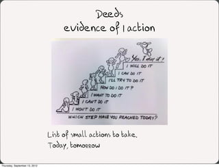 Deeds
                                    evidence of 1 action




                               List of small actions to take.
                               Today, tomorrow

Thursday, September 13, 2012
 