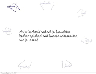 Als je ‘aankomt’ wat wil je dan achter
                               hebben gelaten? Wat kunnen anderen dan
                               van je leren?




Thursday, September 13, 2012
 