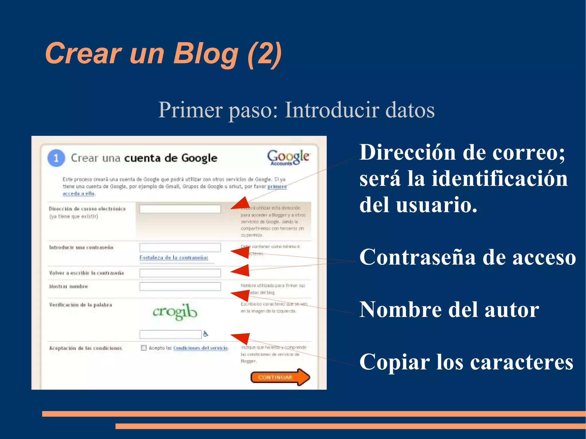 Crear un Blog (2) Primer paso: Introducir datos Dirección de correo; será la identificación del usuario. Contraseña de acceso Nombre del autor Copiar los caracteres 