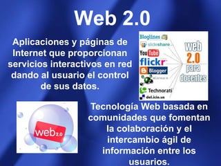 Web 2.0Aplicaciones y páginas de Internet que proporcionan servicios interactivos en red dando al usuario el control de sus datos.Tecnología Web basada en comunidades que fomentan la colaboración y el intercambio ágil de información entre los usuarios.