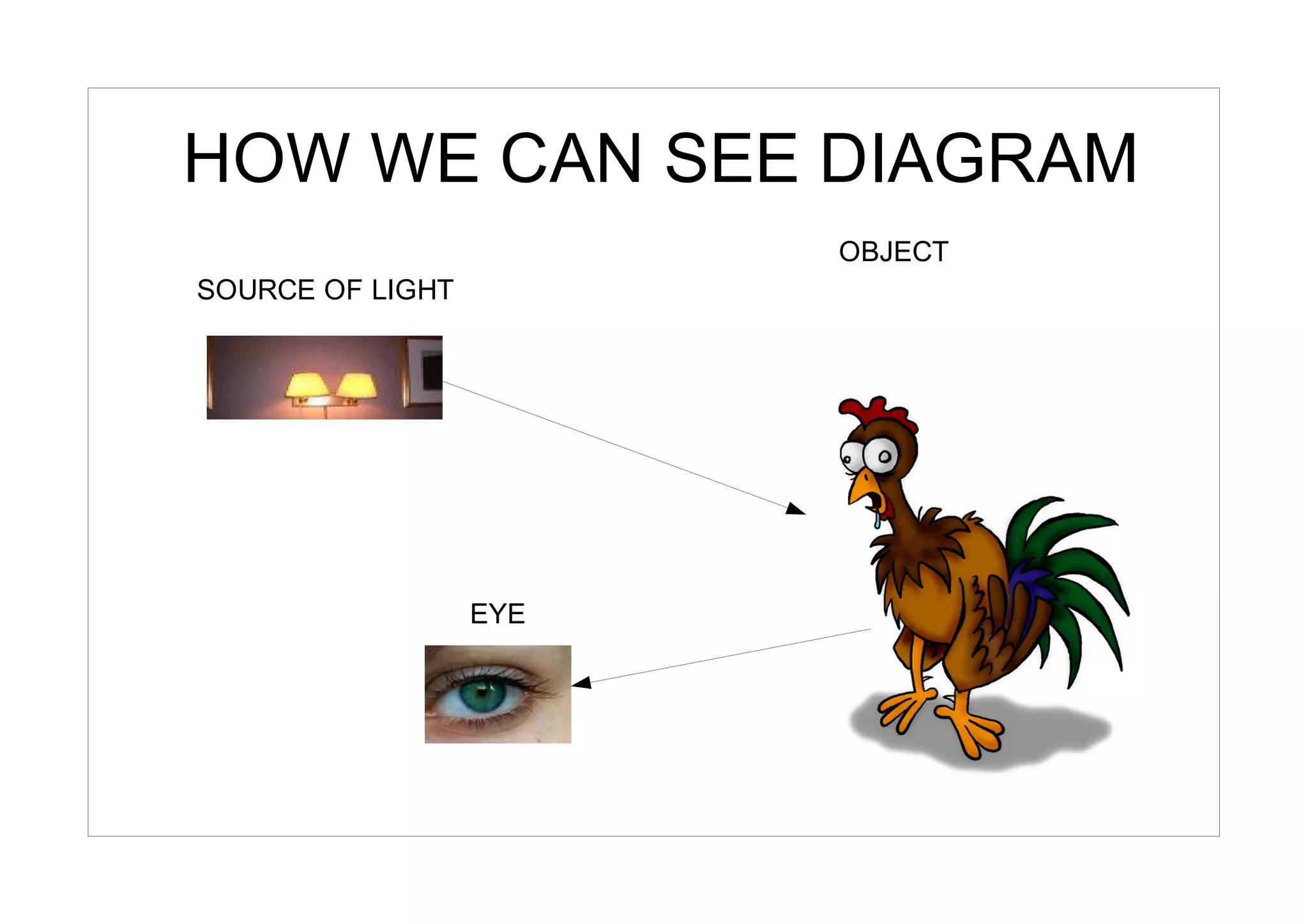 HOW WE CAN SEE DIAGRAM
                        OBJECT
SOURCE OF LIGHT




                  EYE
 
