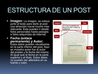ESTRUCTURA DE UN POSTImagen: La imagen, se coloca junto al texto para darle al post una atracción visual mucho mas relevante. Esta pueden ir desde fotos personales hasta paisajes o fotos adquiridas de Internet. Fecha (enlace permanente) y Autor: Estos datos pueden visualizarse en la parte inferior del post. Aquí se muestra quien fue el autor del posteo y la fecha del mismo. Al igual que la fecha en la parte superior y el titulo. Estos datos no pueden ser alterados en su fuente y color. 