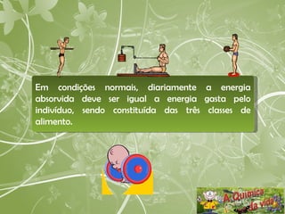 Em condições normais, diariamente a energia absorvida deve ser igual a energia gasta pelo indivíduo, sendo constituída das três classes de alimento. 