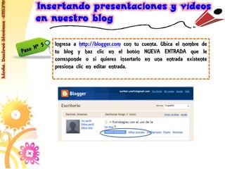Licda. Desireé Jiménez -UNEFM




                                Ingresa a http://blogger.com con tu cuenta. Ubica el nombre de
                                tu blog y haz clic en el botón NUEVA ENTRADA que le
                                corresponde o si quieres insertarlo en una entrada existente
                                presiona clic en editar entrada.
 