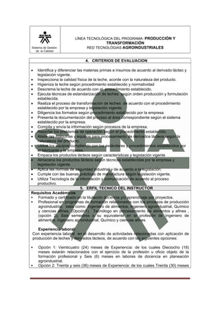 LÍNEA TECNOLÓGICA DEL PROGRAMA: PRODUCCIÓN Y
                                       TRANSFORMACIÓN
Sistema de Gestión             RED TECNOLÓGIAS AGROINDUSTRIALES
   de la Calidad


                              4. CRITERIOS DE EVALUACION

•  Identifica y diferenciar las materias primas e insumos de acuerdo al derivado lácteo y
   legislación vigente.
• Inspecciona la calidad física de la leche, acorde con la naturaleza del producto.
• Higieniza la leche según procedimiento establecido y normatividad
• Descrema la leche de acuerdo con el procedimiento establecido.
• Ejecuta técnicas de estandarización de leches según orden producción y formulación
   establecida.
• Realiza el proceso de transformación de leches de acuerdo con el procedimiento
   establecido por la empresa y legislación vigente.
• Diligencia los formatos según procedimiento establecido por la empresa
• Presenta la documentación del proceso al área correspondiente según el sistema
   establecido por la empresa.
• Compila y envía la información según procesos de la empresa.
• Reportar los problemas de operación según el procedimiento establecido.
• Alista las máquinas y equipos para procesamiento de derivados lácteos según la
   naturaleza del producto.
• Utiliza los equipos cumpliendo con los estándares y procedimientos establecidos por
   el fabricante y la empresa.
• Empaca los productos lácteos según características y legislación vigente
• Almacena los productos lácteos según técnicas establecidas por la empresa y
   legislación vigente.
• Aplica las normas de seguridad industrial y de acuerdo a la legislación.
• Cumple con las buenas prácticas de manufactura según legislación vigente.
• Utiliza Tecnología de la información y comunicación de acuerdo al proceso
   productivo.
                              5. ERFIL TECNICO DEL INSTRUCTOR
Requisitos Académicos
    Formado y certificado en la titulación docencia y/o aprendizaje por proyectos.
    Profesional en programas de formación relacionados con los procesos de producción
    agroindustrial, tales como: Ingeniero de alimentos, ingeniero agroindustrial, Químico
    y ciencias afines. (Opción1), Tecnólogo en procesamiento de alimentos y afines ,
    (opción 2), Seis semestres o su equivalente en la profesión de Ingeniero de
    alimentos, ingeniero agroindustrial, Químico y ciencias afines

   Experiencia laboral:
Con experiencia laboral en el desarrollo de actividades relacionadas con aplicación de
producción de leches y derivados lácteos, de acuerdo con las siguientes opciones:

    Opción 1: Veinticuatro (24) meses de Experiencia: de los cuales Dieciocho (18)
    meses estarán relacionados con el ejercicio de la profesión u oficio objeto de la
    formación profesional y Seis (6) meses en labores de docencia en planeación
    agroindustrial.
    Opción 2: Treinta y seis (36) meses de Experiencia: de los cuales Treinta (30) meses
 