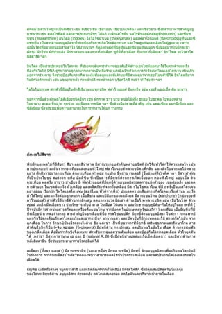 ผักผลไม้ส่วนใหญ่จะเป็นสีเขียว เช่น สีเขียวเข้ม เขียวอ่อน เขียวปนเหลือง และเขียวขาว ซึงมีสารอาหารสำาคัญอยู่
                                                                                     ่
มากมาย เช่น คลอโรฟิลล์ และสารประกอบอื่นๆ ได้แก่ เบต้าแคโรทีน แคโรทีนอยด์กลุมลูทีน(eutein) และซีแซ
                                                                                 ่
นทิน (zeaxanthine) อินโดล (indoles) ไธโอไซยาเนต (thiocyanate) และฟลาโวนอยด์ (flavonoids)ลูทีนและซี
แซนทีน เป็นสารต้านอนุมูลอิสระที่ช่วยป้องกันการเกิดโรคต้อกระจก และโรคศูนย์จอตาเสื่อมในผู้สูงอายุ เพราะ
ฉะนั้นใครทีอยากถนอมสายตาไว้ ใช้งานนานๆ ก็ตองกินผักที่มลูทีนและซีแซนทีนบ่อยๆ ซึ่งมีอยู่มากในผักคะน้า
            ่                                   ้            ี
ผักบุ้ง ผักโขม ผักปวยเล้ง ผักกาดหอม แตงกวาทั้งเปลือก ซูกินทั้งเปลือก ถัวแขก ถัวลันเตา ข้าวโพด อะโวคาโด
                                                               ี        ่      ่
มัสตาร์ด ฯลฯ

อินโดล เป็นสารประกอบไนโตรเจน ทีช่วยกระตุ้นการทำางานของตับให้สร้างเอนไซม์ออกมาใช้ในการต้านมะเร็ง
                                   ่
ป้องกันไม่ให้ DNA ถูกทำาลายลุกลามจนกลายเป็นเนื้อร้าย และยังเป็นตัวเร่งการกำาจัดฮอร์โมนเอสโตรเจน ส่วนเกิน
ออกจากร่างกาย จึงช่วยป้องกันการเกิด มะเร็งทีมดลูกและที่เต้านมที่มีสาเหตุมาจากฮอร์โมนตัวนี้ได้ อินโดลมีมาก
                                             ่
ในผักวงศ์กะหลำ่า เช่น แขนงกะหลำ่า กะหลำ่าปลี กะหลำ่าดอก บร็อคโคลี คะน้า หัวไชเท้า ฯลฯ

ไธโอไซยาเนต สารตัวนี้มีอยู่ในผักสีเขียวแทบทุกชนิด ฟลาโวนอยด์ มีมากใน องุ่น เชอรี่ แอปเปิ้ล ส้ม มะนาว

นอกจากนี้แล้ว ผักผลไม้สีเขียวชนิดอื่นๆ เช่น ผักกาด ขาว บวบ หน่อไม้ฝรั่ง ชะอม ใบชะพลู ใบทองหลาง
ใบย่านาง สะตอ ขึ้นฉ่าย กุยช่าย มะเขือหลากชนิด ฯลฯ ซึ่งล้วนมีแร่ธาตุที่สำาคัญ เช่น แคลเซียม แมกนีเซียม และ
ซีลีเนียม ซึ่งจะช่วยเพิ่มความสามารถในการทำางานให้แก่ ร่างกาย




ผักผลไม้สีขาว

พืชผักและผลไม้ที่มีสีขาว สีชา และสีนำ้าตาล มีสารประกอบสำาคัญหลายชนิดที่นักวิจัยทั่วโลกให้ความสนใจ เช่น
สารประกอบกำามะถันจากกระเทียมและหอมหัวใหญ่ ฟลาโวนอยด์หลายชนิด เพ็กติน และเส้นใยจากผลไม้หลาย
อย่าง ผักสีขาวอย่างกระเทียม ต้นกระเทียม หัวหอม กุยช่าย ขึ้นฉ่าย เซเลอรี่ (ขึ้นฉ่ายฝรั่ง) เห็ด ฯลฯ มีสารสำาคัญ
ที่ เ ป็ น ประโยชน์ ต่ อ ร่ า งกายคื อ อั ล ลิ ซิ น ซึ่ ง เป็ น สารที่ มี ฤ ทธิ์ ต้ า นการเกิ ด เนื้ อ งอก หอมหั ว ใหญ่ แอปเปิ้ ล ต้ น
กระเทียม ผลฝรั่ง ชาขาว ชาเขียว มี ฟลาโวนอยด์ที่มีฤทธิ์ต้านอนุมูลอิสระลดการแบ่งตัวของ เซลล์มะเร็ง และลด
การต้านยา ในเซลล์มะเร็ง ถั่วเหลือง และผลิตภัณฑ์จากถั่วเหลือง มีสารไอโซฟลาโวน ที่มี ฤทธิ์เป็นเอสโตรเจน
อย่างอ่อน เรียกว่า ไฟโตเอสโตรเจน (ฮอร์โมน ที่ได้จากพืช) ช่วยลดความเสี่ยงการเกิดโรคมะเร็งเต้านม มะเร็ง
ลำาไส้ใหญ่ และมะเร็งต่อมลูกหมาก เนื้อสีขาว และเปลือกของผลมังคุด มีสารแซนโทน (xanthone) (กลุ่มของฟ
ลาโวนอยด์) สารตัวนี้มีฤทธิ์ต้านการอักเสบ ลดอาการปวดข้อ เข่ า ต้านเชื้อ โรคหลายชนิด เช่น เชื้อวั ณโรค ต้าน
เซลล์ มะเร็งเม็ดเลือดขาว ช่วยรักษาระดับนำ้าตาล ในเลือด ให้เหมาะ และรักษาระบบภูมิคุ้ม -กันให้อยู่ในสภาพที่ดี (
ปัจจุบันมีการจำาหน่ายสารสกัดและเครื่องดื่มแซนโทน จากมังคุด ในประเทศสหรัฐอเมริกา ) ลูกเดือย เป็นธัญพืชที่มี
ประโยชน์ มากต่อร่างกาย สารสำาคัญในลูกเดือยที่ชื่อ กรดไซแนปติก มีฤทธิ์ต้านอนุมูลอิสระ ในตำา รา การแพทย์
แผนจีนใช้ลูกเดือยรักษาโรคมะเร็งและอาการอื่นๆ มานานแล้ว และปัจจุบันก็มีการทดลองใช้ สารสกัดไขมัน จาก
ลูก เดือย ในการ รั ก ษาผู้ ป่ วยโรคมะเร็ งด้ วย ขิ ง และข่ า เป็ นพื ช อาหารที่ มี ฤทธิ์ เสริม สุ ขภาพและรั ก ษาโรค สาร
สำา คัญในขิงที่ ชื่อ 6-จิงเจอรอล (6-gingerol) มีฤทธิ์ต้าน การอัก เสบ ลดปริมาณไขมั นใน เลือด ต้านการรวมตัว
ของเกล็ดเลือด ดังนั้นการกินขิงจึงเหมาะ สำาหรับการดูแลความดันเลือด และป้องกันโรคหลอดเลือด หัวใจอุดตัน
ได้ เหง้าข่า มีสารกาลานาน เอ และ บี (galanal A, B) ซึ่งมีฤทธิ์ฆ่าเซลล์มะเร็งเม็ดเลือดขาว และมี สารต้ านการ
หลั่งฮีสตามีน ซึ่งช่วยบรรเทาอาการโรคภูมิแพ้ได้

เมล็ดงา (ทั้งขาวและดำา) มีสารเซซามิน (และสารอื่นๆ อีกหลายชนิด) มีฤทธิ์ ต้านอนุมูลอิสระเพิ่มปริมาณวิตามินอี
ในร่างกาย การกินเมล็ดงาในสัตว์ทดลองพบว่าสามารถลดไขมันในกระแสเลือด และลดปริมาณโคเลสเตอรอลใน
เลือดได้

ธัญพืช เมล็ดถั่วต่างๆ จมูกข้าวสาลี และผลิตภัณฑ์จากถั่วเหลือง มีกรดไฟติก ซึ่งมีคุณสมบัตดูดจับโมเลกุล
                                                                                      ิ
ของโลหะ มีฤทธิ์ต้าน อนุมูลอิสระ ต้านมะเร็ง ลดโคเลสเตอรอล ลดไขมันและปริมาณนำ้าตาลในเลือด
 