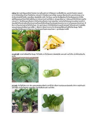 กล้วย มีความสำาคัญและมีประโยชน์มากมายตั้งแต่ด้านการใช้สอยความเชื่อพิธีกรรม และประโยชน์ทางคุณค่า
อาหารทั้งยังเป็นยารักษาโรคอีกด้วย กล้วยนำ้าว้าให้พลังงานมากที่สุด รองลงมาคือกล้วยไข่ และกล้วยหอม ตาม
ลำาดับกล้วยยังมีโปรตีน แคลเซียม ฟอสฟอรัส เหล็ก วิตามินเอ และวิตามินซีสูงป้องกันโรคเลือดออกตามไรฟัน
สตรีที่คลอดบุตรใหม่ๆใช้หัวปลีเป็นอาหารช่วยบำารุงนำ้านมให้มีมาก ส่วนลูกเมืออายุ 3 เดือนแม่ก็เริ่มให้กินข้าวบดกับ
                                                                          ่
กล้วยนำ้าว้า ใครทีท้องผูกเป็นประจำาให้กินกล้วยเป็นประจำาอย่างต่อเนื่อง จะช่วยไม่ให้ท้องผูกระบบขับถ่ายจะดี ถ้า
                  ่
ท้องเสียให้กินกล้วยดิบหรือกล้วยห่ามครั้งละครึ่งถึงหนึ่งลูกกินกล้วยสุกช่วยบรรเทาอาการเจ็บคอและเจ็บหน้าอก ที่
มีอาการไอแห้งร่วมด้วยได้ให้กินวันละ 4-6 ลูกถ้าต้องการไม่ให้มีกลิ่นปากและผิวพรรณดี ให้กินกล้วยนำ้าว้าหลังตื่น
นอนแล้วค่อยแปรงฟันทำาอย่างนี้สัก 1 สัปดาห์ กลิ่นปากจะหายไป ผิวพรรณก็ดด้วยหัวปลีให้วิตามินสูง ได้ทั้ง
                                                                             ี
แคลเซียมโปรตีนและกากใยอาหาร กินกล้วยทุกวันอย่างน้อยวันละ 1 ลูกเพื่อสุขภาพทีดี       ่




กะหลำ่าปลี กะหลำ่าปลีสดมีวิตามินสูง ให้โปรตีน คาร์โบไฮเดรท ฟอสฟอรัส และเบต้า-แคโรทีน สารที่ช่วยป้องกัน
มะเร็ง




กวางตุ้ง กินได้ทั้งต้ม ลวก ผัด แต่ตอนต้มต้องเปิดฝาเวลาตั้งไฟ เพือความอร่อยและปลอดภัย ผักกวางตุ้งกินแล้ว
                                                                ่
ได้โปรตีน คาร์โบไฮเดรท แคลเซียม วิตามินซีและเบต้า-แคโรทีน
 