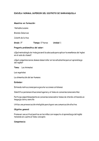 ESCUELA NORMAL SUPERIOR DEL DISTRITO DE BARRANQUILLA
Maestros en formación:
Natasha Lozano
Brenda Cabarcas
Julieth de la Hoz
Grado: 3º Tiempo: 17 horas Unidad: 1
Pregunta problemática del saber:
¿Qué metodología de trabajos será la adecuada para aplicar la enseñanza del ingles
en el aula de clases?
¿Qué competencias se desean desarrollar en los estudiantes para el aprendizaje
del inglés?
Tema: Los Animales
Los vegetales
La alimentación del ser humano
Estándar:
Entiendo instrucciones para ejecutar acciones cotidianas
Identifico personas situaciones lugares y el tema en conversaciones sencillas
Participo espontáneamente en conversaciones sobre temas de interés utilizando un
lenguaje claro y sencillo
Utilizo una pronunciación inteligible para lograr una comunicación efectiva
Objetivo general:
Promover una actitud positiva en los niños con respecto al aprendizaje del inglés
teniendo en cuenta el tema concepto
Competencia:
 