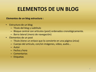 ELEMENTOS DE UN BLOG Elementos de un blog estructura :Estructura de un blog Título del blog y subtítulo Bloque central con artículos (post) ordenados cronológicamente. Barra lateral (menú de navegación) Elementos de un post Título (tiene un enlace que lo convierte en una página única) Cuerpo del artículo, con/sin imágenes, vídeo, audio... Autor Fecha y hora Comentarios Etiquetas 8