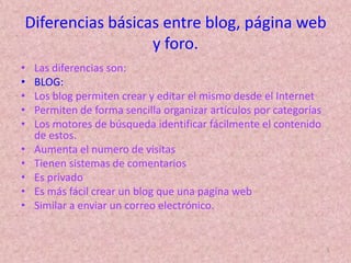 5Diferencias básicas entre blog, página web y foro.Las diferencias son:BLOG:Los blog permiten crear y editar el mismo desde el InternetPermiten de forma sencilla organizar artículos por categorías Los motores de búsqueda identificar fácilmente el contenido de estos. Aumenta el numero de visitas Tienen sistemas de comentarios Es privadoEs más fácil crear un blog que una pagina webSimilar a enviar un correo electrónico.