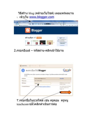 วิธสร้าง blog (คล้ายเว็บไซต์) เผยแพร่ผลงาน
       ี
  1. เข้าเว็บ www.blogger.com




2.กรอกอีเมล์ – รหัสผ่าน-คลิกเข้าใช้งาน




  ٣.กรอกชื่อในการโพส เช่น ครูคอม ครูหนู
  teachcom แล้วคลิกดำาเนินการต่อ
 