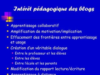 Intérêt pédagogique des blogs Apprentissage collaboratif Amplification de motivation/implication Effacement des frontières entre apprentissage et usage Création d’un véritable dialogue Entre le professeur et les élèves Entre les élèves Entre l’école et les parents Modification du rapport lecture/écriture  Apprentissage à distance 