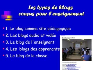 Les types de blogs  conçus pour l’enseignement 1. Le blog comme site pédagogique  2. Les blogs audio et vidéo  3. Le blog de l'enseignant  4. Les  blogs des apprenants  5. Le blog de la classe   