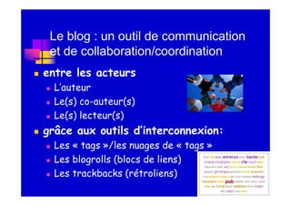 Le blog : un outil de communication
 et de collaboration/coordination
entre les acteurs
  L’auteur
  Le(s) co-auteur(s)
  Le(s) lecteur(s)
grâce aux outils d’interconnexion:
  Les « tags »/les nuages de « tags »
  Les blogrolls (blocs de liens)
  Les trackbacks (rétroliens)
 