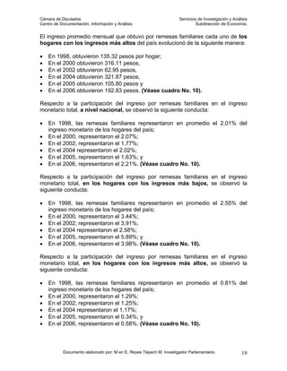 Cámara de Diputados                                                 Servicios de Investigación y Análisis
Centro de Documentación, Información y Análisis                              Subdirección de Economía.


El ingreso promedio mensual que obtuvo por remesas familiares cada uno de los
hogares con los ingresos más altos del país evolucionó de la siguiente manera:

•   En 1998, obtuvieron 135.32 pesos por hogar;
•   En el 2000 obtuvieron 316.11 pesos,
•   En el 2002 obtuvieron 62.95 pesos,
•   En el 2004 obtuvieron 321.87 pesos,
•   En el 2005 obtuvieron 105.80 pesos y
•   En el 2006 obtuvieron 192.83 pesos. (Véase cuadro No. 10).

Respecto a la participación del ingreso por remesas familiares en el ingreso
monetario total, a nivel nacional, se observó la siguiente conducta:

•   En 1998, las remesas familiares representaron en promedio el 2.01% del
    ingreso monetario de los hogares del país;
•   En el 2000, representaron el 2.07%;
•   En el 2002; representaron el 1.77%;
•   En el 2004 representaron el 2.02%;
•   En el 2005, representaron el 1.63%; y
•   En el 2006, representaron el 2.21%. (Véase cuadro No. 10).

Respecto a la participación del ingreso por remesas familiares en el ingreso
monetario total, en los hogares con los ingresos más bajos, se observó la
siguiente conducta:

•   En 1998, las remesas familiares representaron en promedio el 2.55% del
    ingreso monetario de los hogares del país;
•   En el 2000, representaron el 3.44%;
•   En el 2002; representaron el 3.91%;
•   En el 2004 representaron el 2.58%;
•   En el 2005, representaron el 5.89%; y
•   En el 2006, representaron el 3.98%. (Véase cuadro No. 10).

Respecto a la participación del ingreso por remesas familiares en el ingreso
monetario total, en los hogares con los ingresos más altos, se observó la
siguiente conducta:

•   En 1998, las remesas familiares representaron en promedio el 0.81% del
    ingreso monetario de los hogares del país;
•   En el 2000, representaron el 1.29%;
•   En el 2002; representaron el 1.25%;
•   En el 2004 representaron el 1.17%;
•   En el 2005, representaron el 0.34%; y
•   En el 2006, representaron el 0.58%. (Véase cuadro No. 10).



           Documento elaborado por: M en E. Reyes Tépach M. Investigador Parlamentario.              19
 